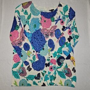 Talbots Womens Sweater Cardigan Floral Butterfly Print Blue Pink White Size M